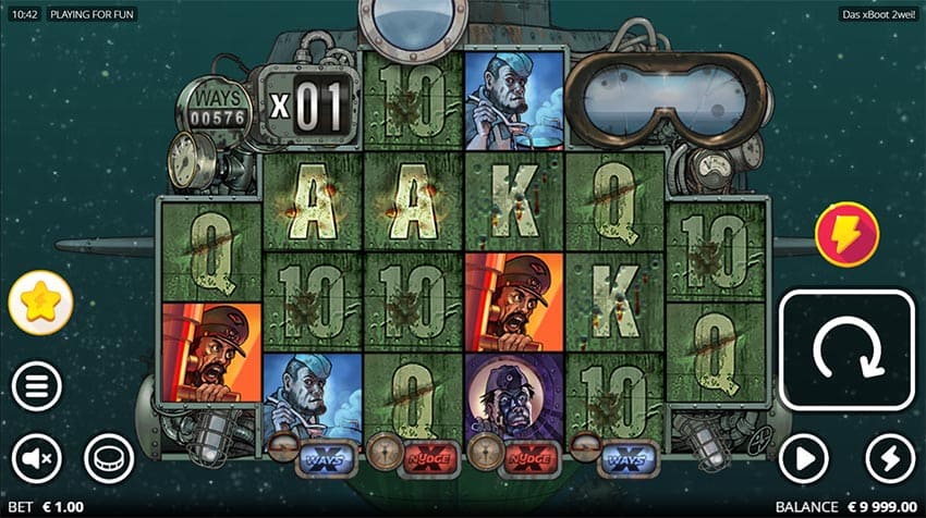 DAS XBOOT 2WEI! base game view - 576 betways, xNudge Wild visible on reel 3