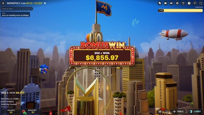 2 Rolls Bonus Win - Monopoly Live